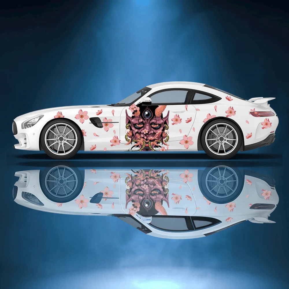 Devil Flower and Devil Mask Car Side Wraps, Self-Adhesive PVC Waterproof & Scratch-Resistant Stickers, Car Accessory Gift