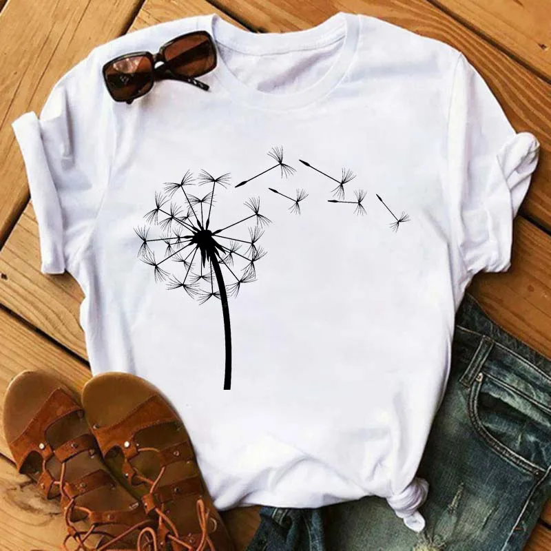 

New Cute Dandelion Printed Women T Shirt Cartoon Graphic Printed White Ladies T-shirt Casual Woman Shirt Funny Tees Shir