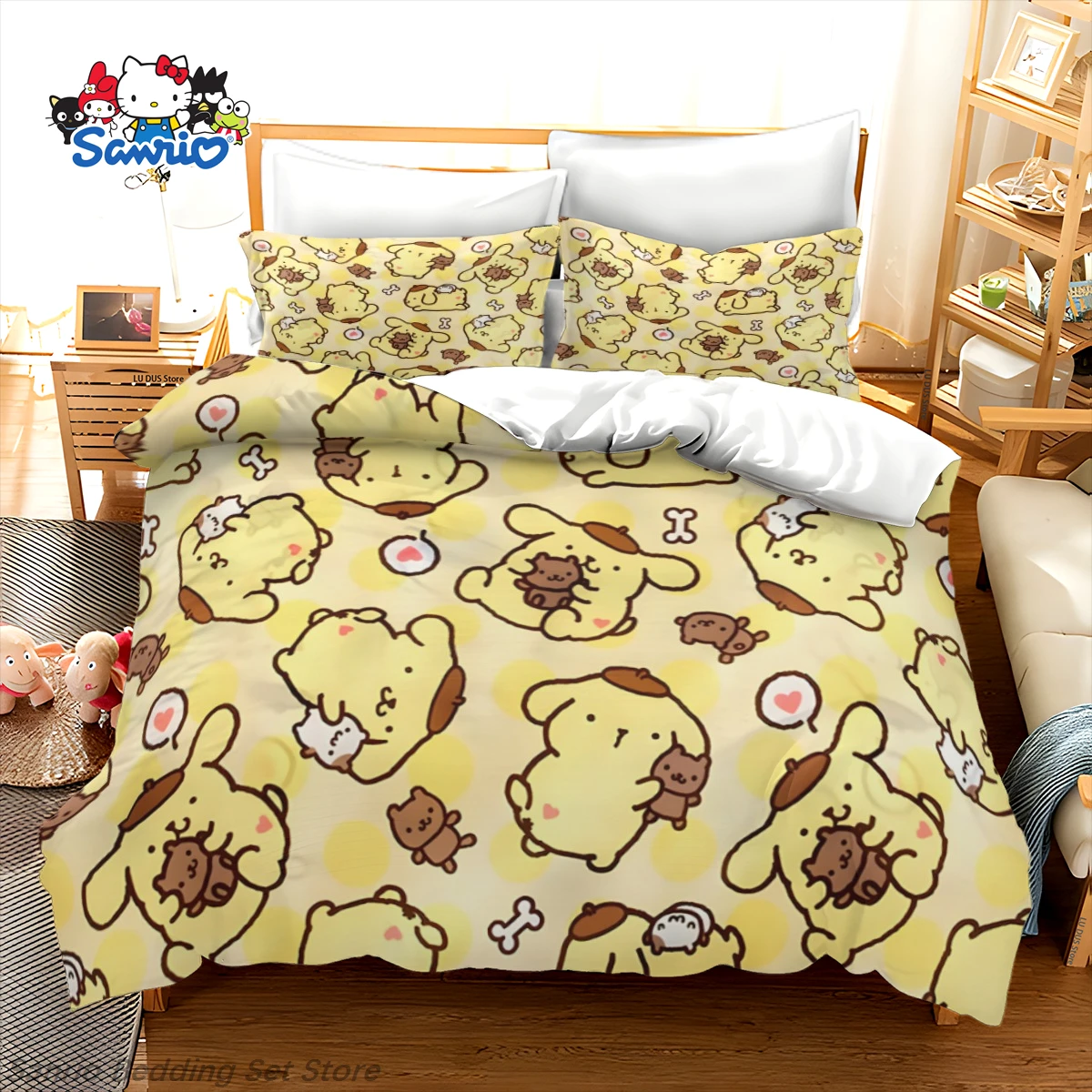 

Kawaii Sanrio 3-Piece Bedding Set Pompompurin Yellow Cream Cute Anime Duvet Cover for Kids Teens Bedroom Decor Gift Queen King