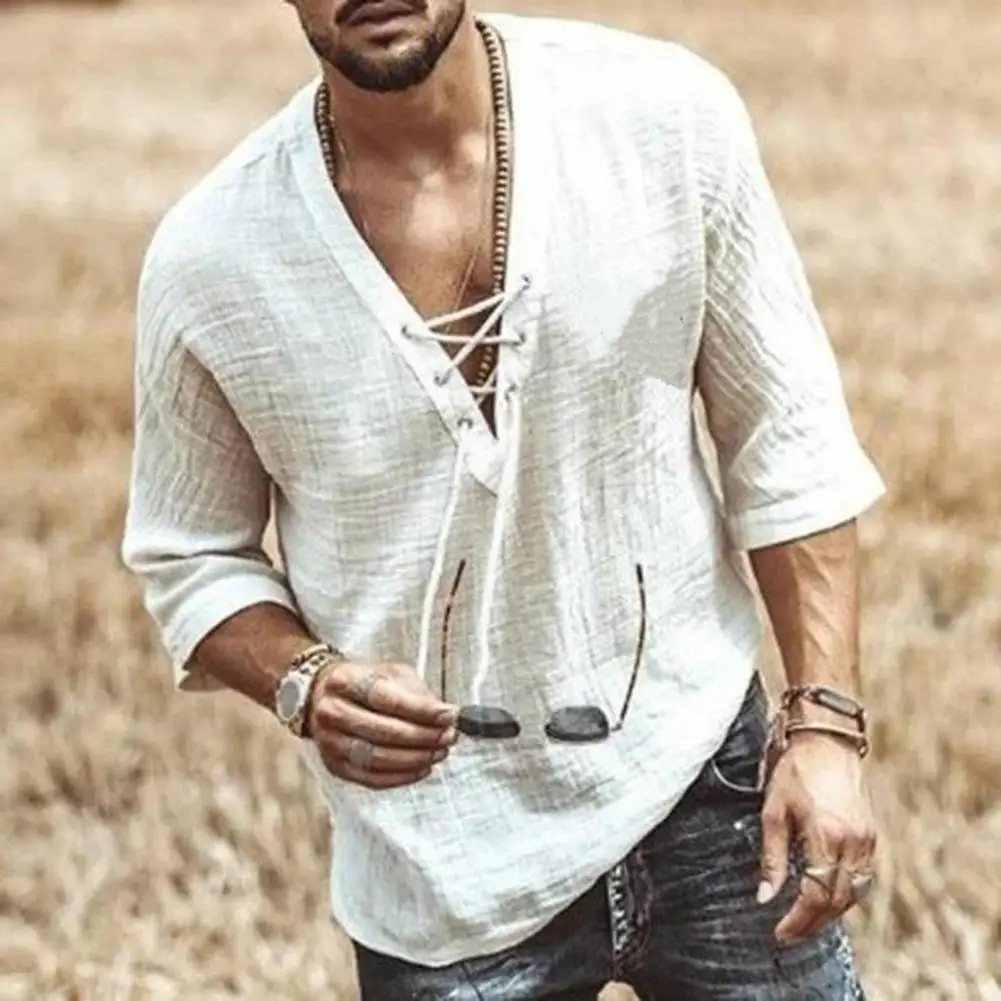 Summer Men's T-shirt Lace-up V Neck Mid Sleeves Loose Pure Color Pullover Retro Cotton Linen Shirts Thin Casual Mid Length Top