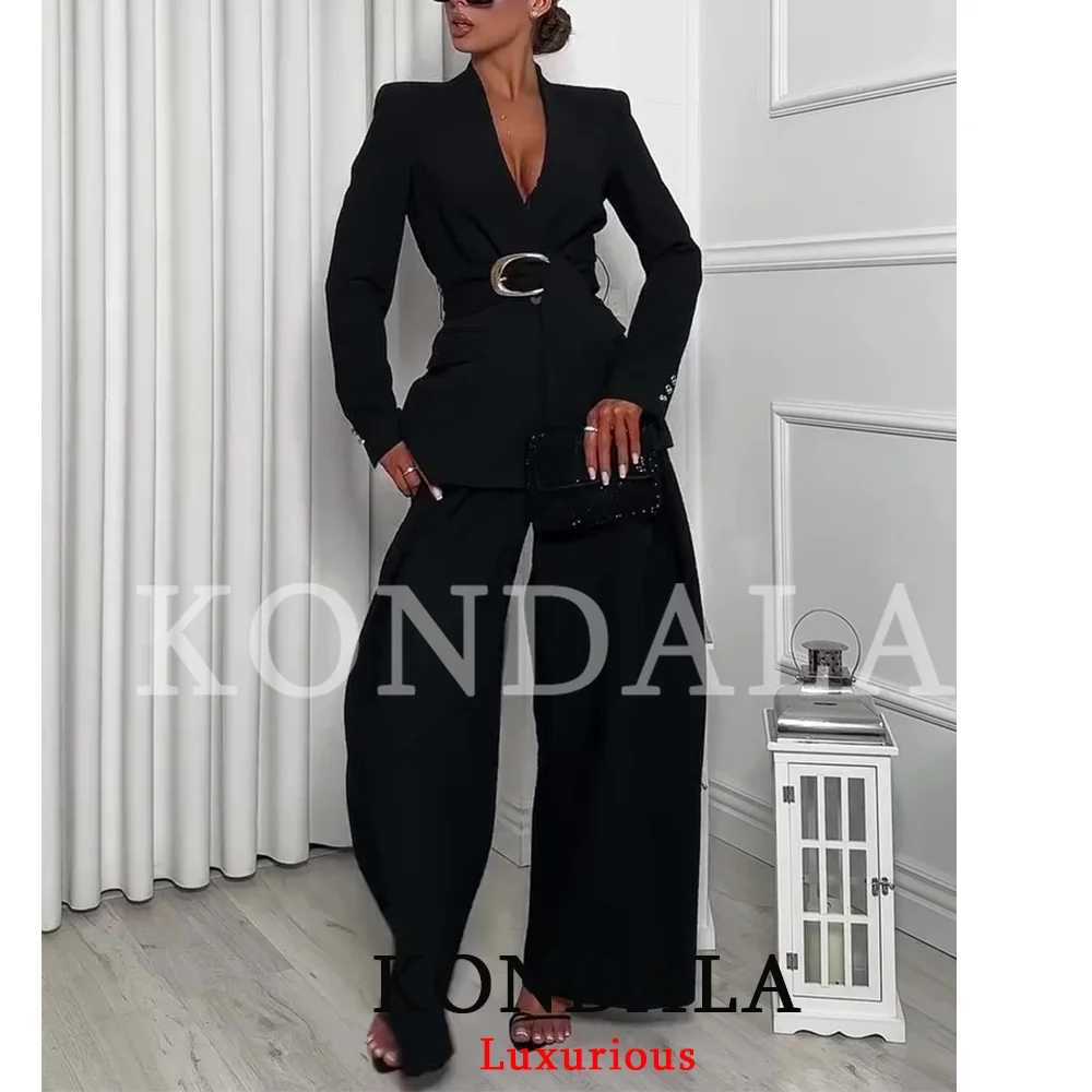 KONDALA Vintage Office Lady Suit Black Solid V-Neck Belt Pockets Blazer Loose Zipper Pants Fashion 2026 Casual Female Sets