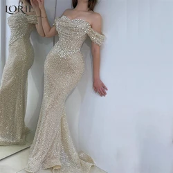 LORIE-vestidos de noche formales de sirena de encaje con purpurina, vestidos de novia con perlas y hombros descubiertos, vestido de fiesta personalizado con espalda descubierta