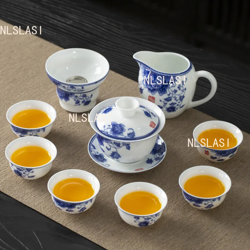 Blue and White Ceramic Teaset Chinese Style Kungfu Teaset Household Tea Bowl Tea Tasting Cup Fair Cup Tea Residue Filter