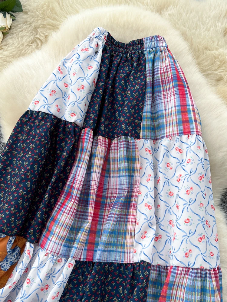 Women's Flower Print A-line Lace Patchwork Skirt Vintage Aesthetic Y2k Mori Girl Skirt Harajuku Mid Long Skirts 2000s Clothes