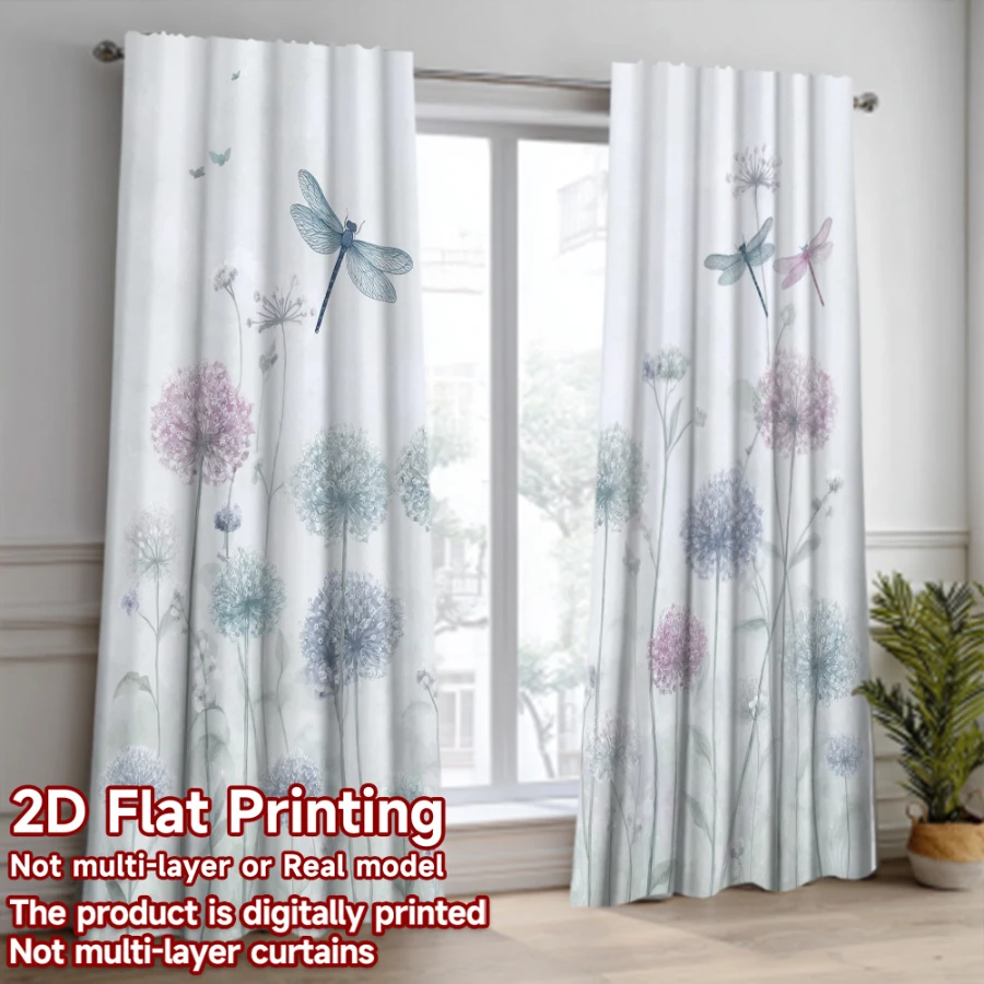 2PCS Digital Print  Curtain, Dragonfly Among Flowers, Rustic Farmhouse Window Treatment Drape for Bedroom Kitchen Decor
