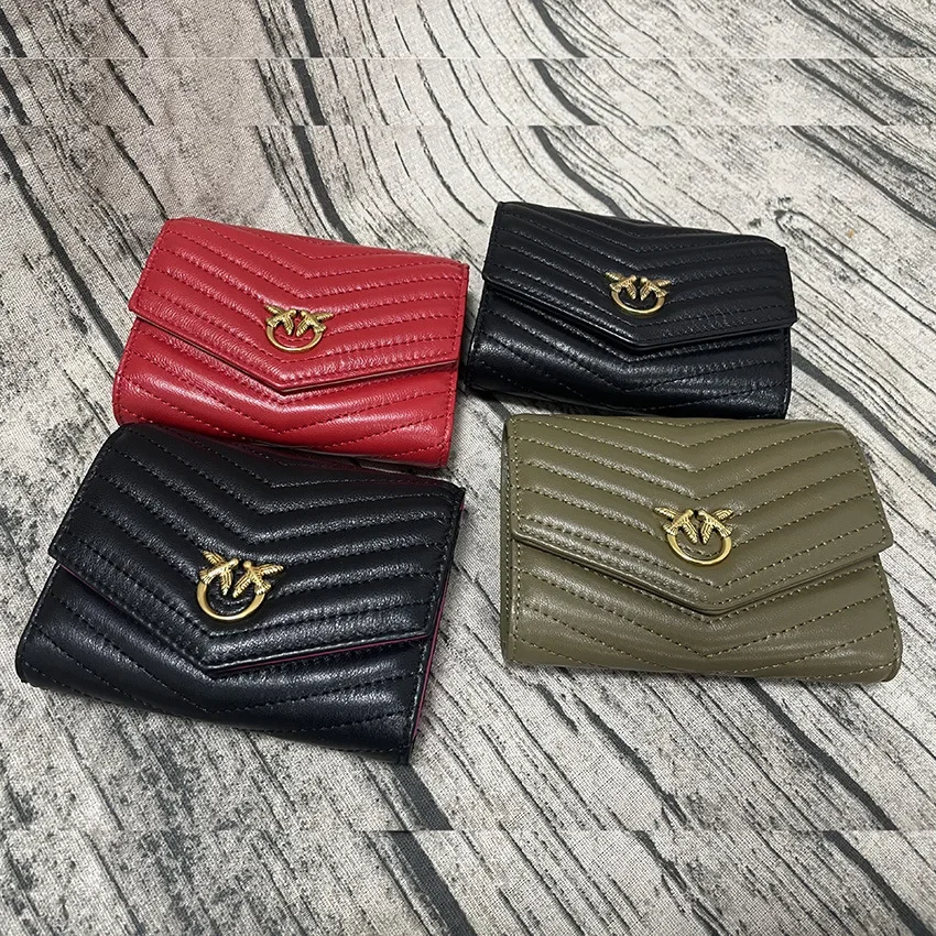 Ladies Mini Sheepskin Leather Wallet,Quilted Herringbone Stitch Short Purse,Compact Genuine Leather Card & Bill Holder for Girls