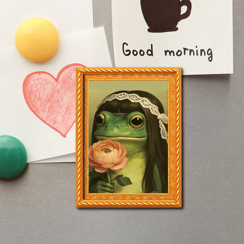 1 Piece of Vintage Oil Painting Style Lace Headband Frog Fridge Magnet, Hand-Held Rose Magnetic Decoration Sticker, Artistic Kitchen Message Magnet, Fresh and Beautiful Fridge Decoration Message Sticker