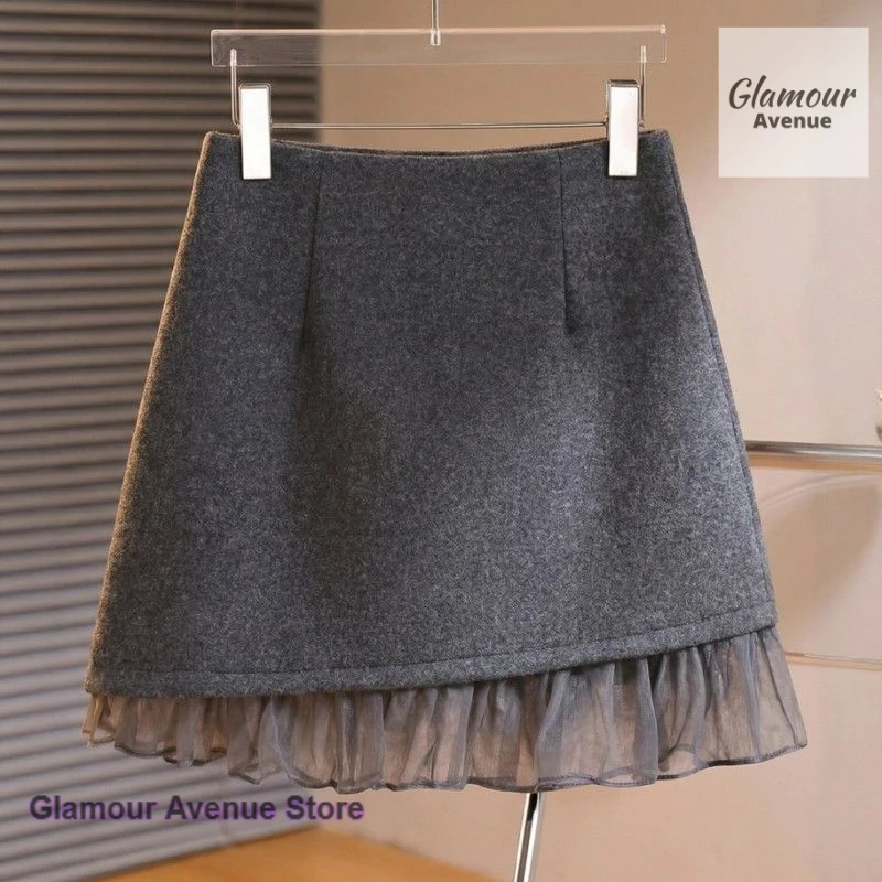 Korean grey chiffon stitching woolen skirt women's spring and autumn new high waist fashion temperament leisure bag hip skirt.