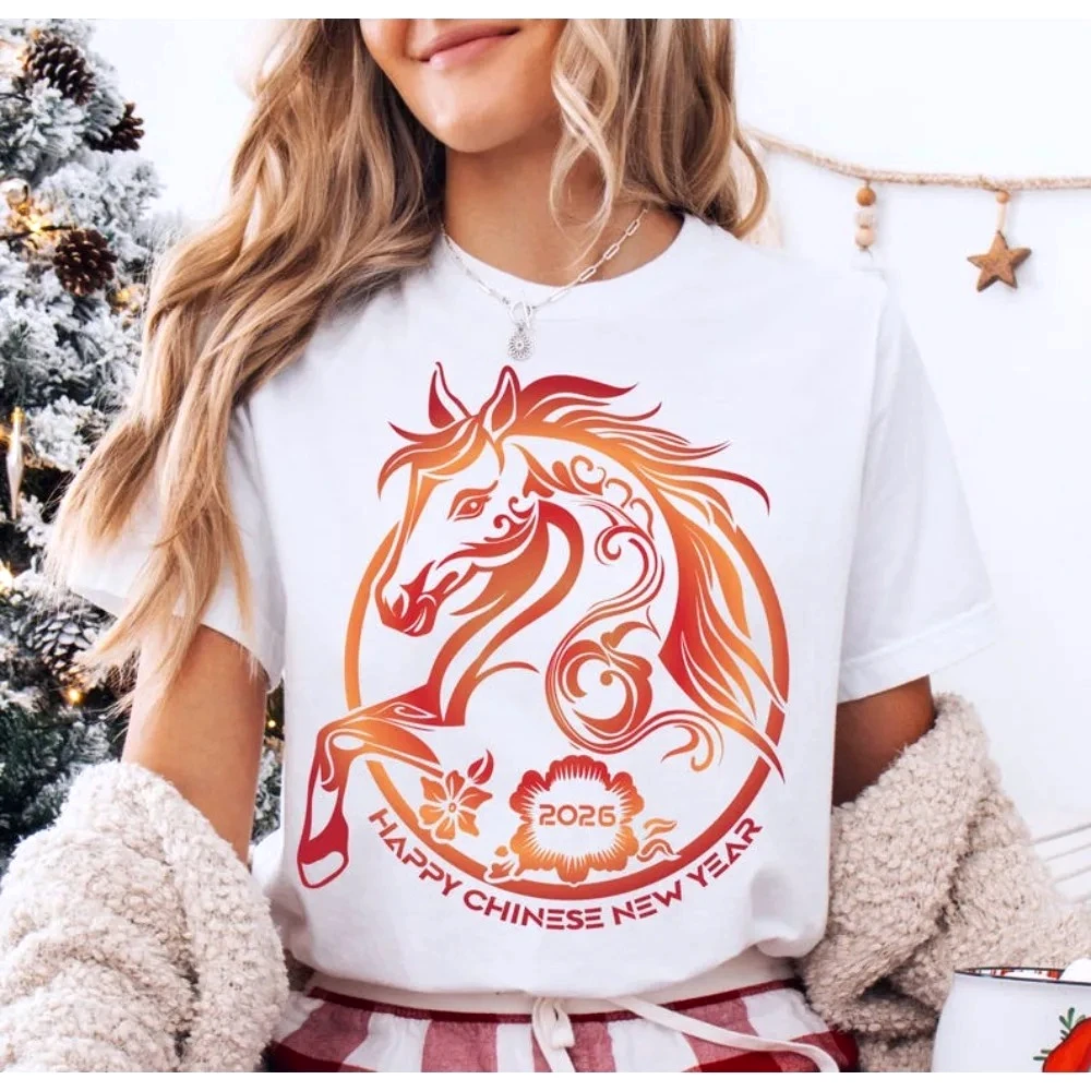 Happy Chinese New Year Sweatshirt Horse Year 2026 Women Shirt Chinese Zodiac Tee Lunar New Year T-shirt Women Summer Casual Tops