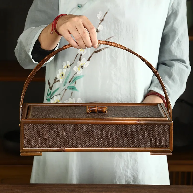 Japanese Bamboo Tea Box with Lid and Portable Carry Case Storage Basket for Tea Ceremony Traditional Zen Home Decor