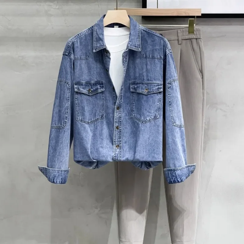 Men's Denim Jacket Long Blue Wide Shoulders Male Jean Coats Shirt Cheap Price Stylish of Fabric Winter 2024 Fast Delvery Trendy