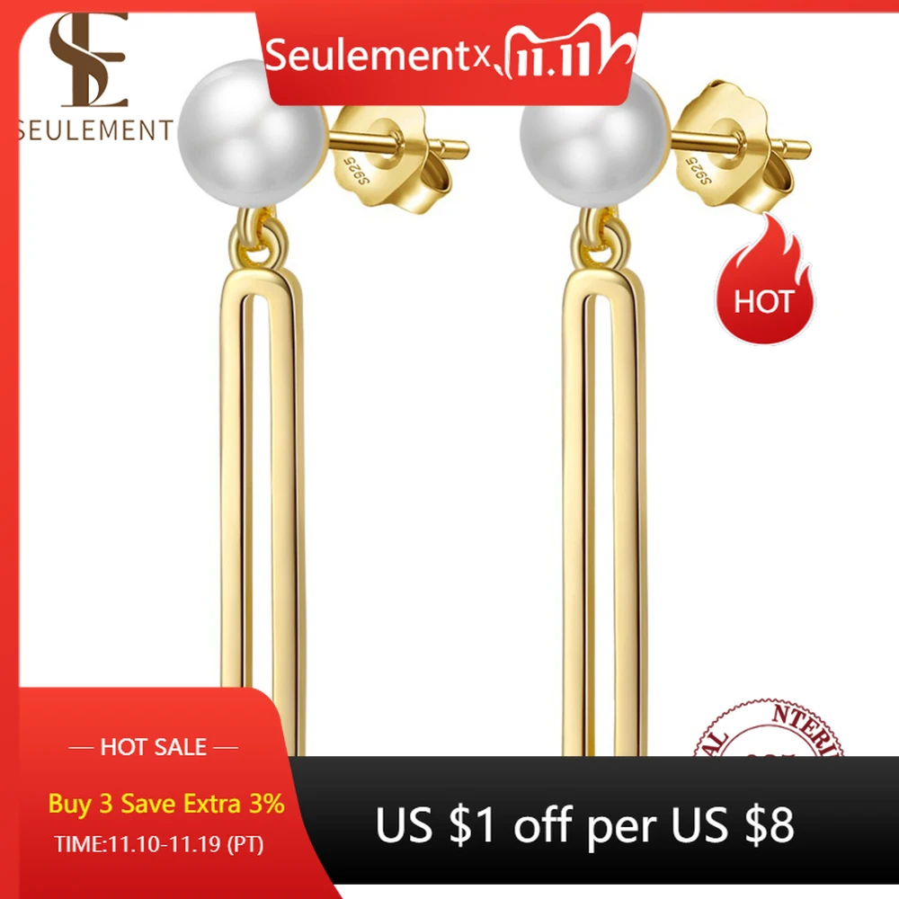 

Seulement Natural Freshwater Pearl Drop Earrings for Women 925 Sterling Silver Geometry Long Earring Accessories Jewelry