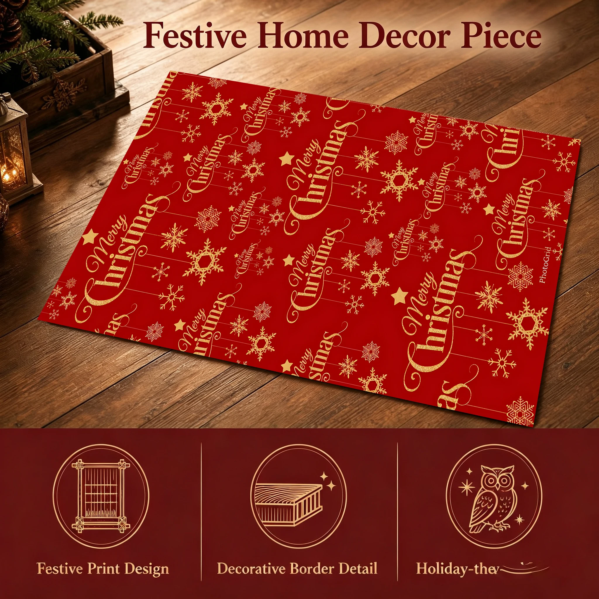 Green Red Christmas Pattern Velvet Area Rug, for Living Room Bedroom, Autumn Winter Festive Home Decor