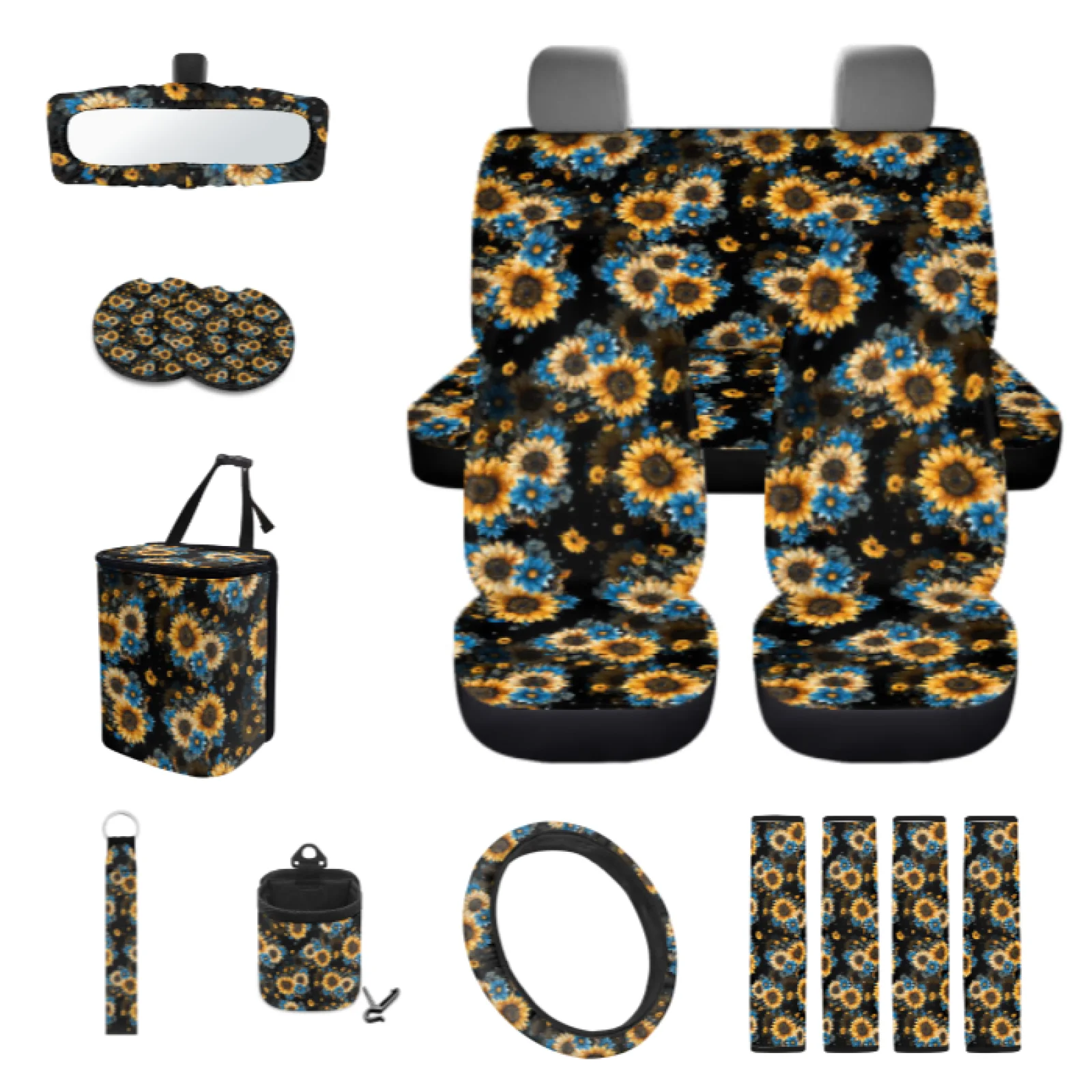 Coloranimal Sunflower 15 PCS Complete Car Interior Set, Full Car Seat Covers, Steering Wheel Cover, Seat Belt Covers