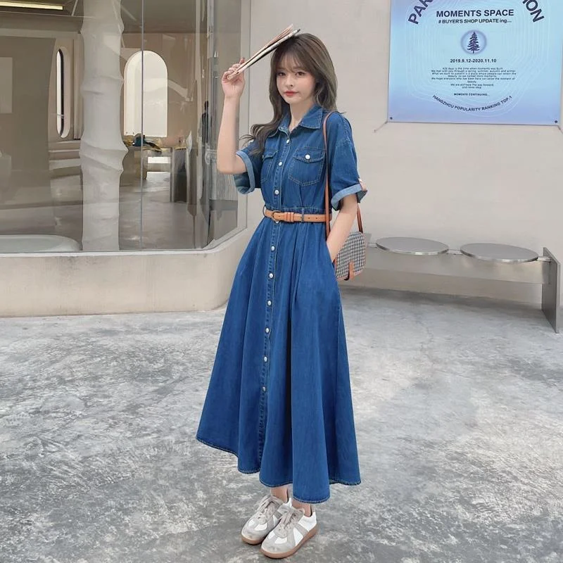 Casual Short Sleeve Pockets Cardigan Single Breasted Denim Dress Elegant Women Summer Loose Mid-calf Length Party Dresses