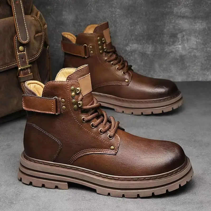 

Men's Autumn Winter Real Leather Big Size Work Boots Thick Sole Non Slip Round Toe High Top Waterproof Lace Up Motorcycle Boot