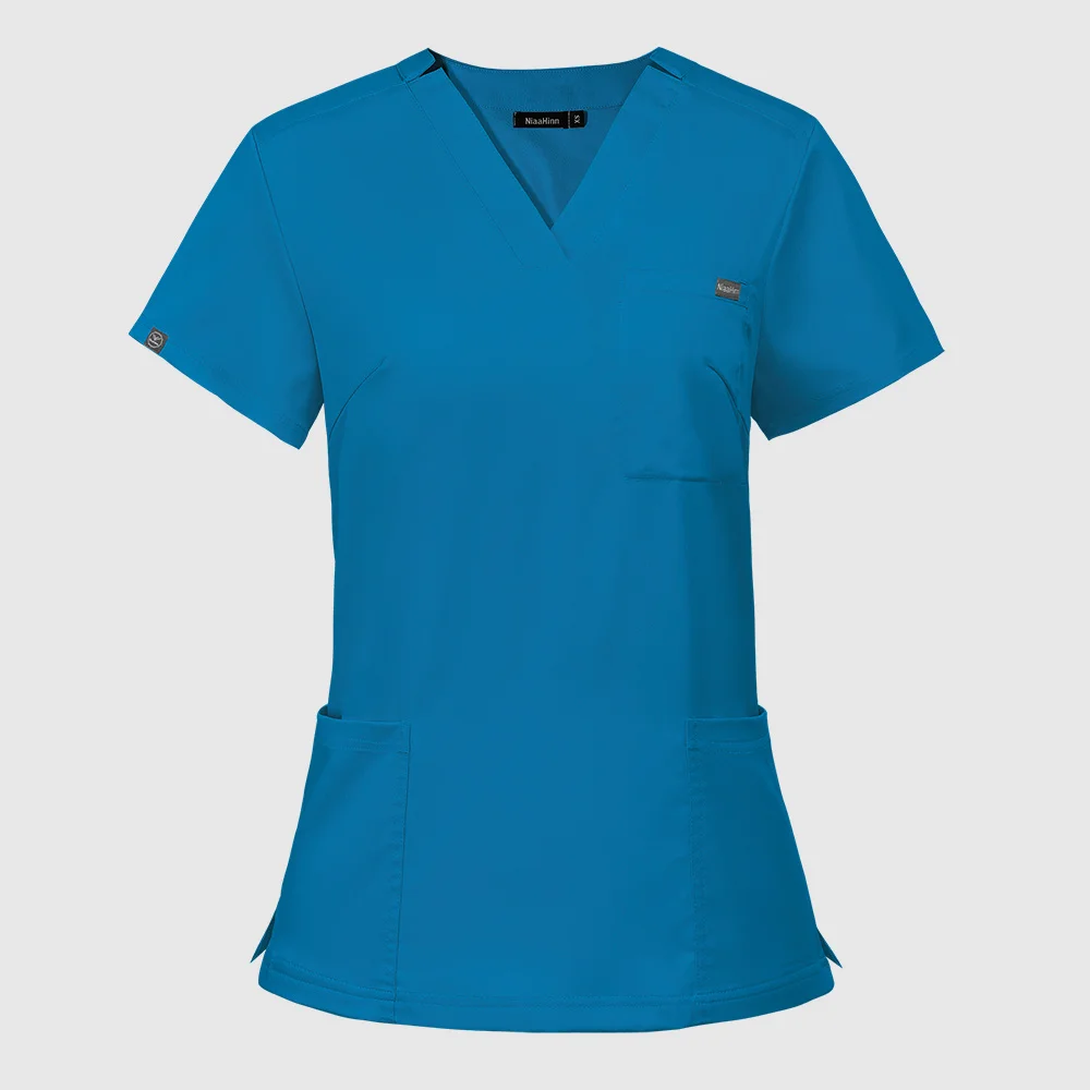 Pocket Nurse Uniform Womens Solid Color Scrub Shirts V-neck Nursing Clothes Short Sleeved Scrubs Top Medical Uniformes Blouse