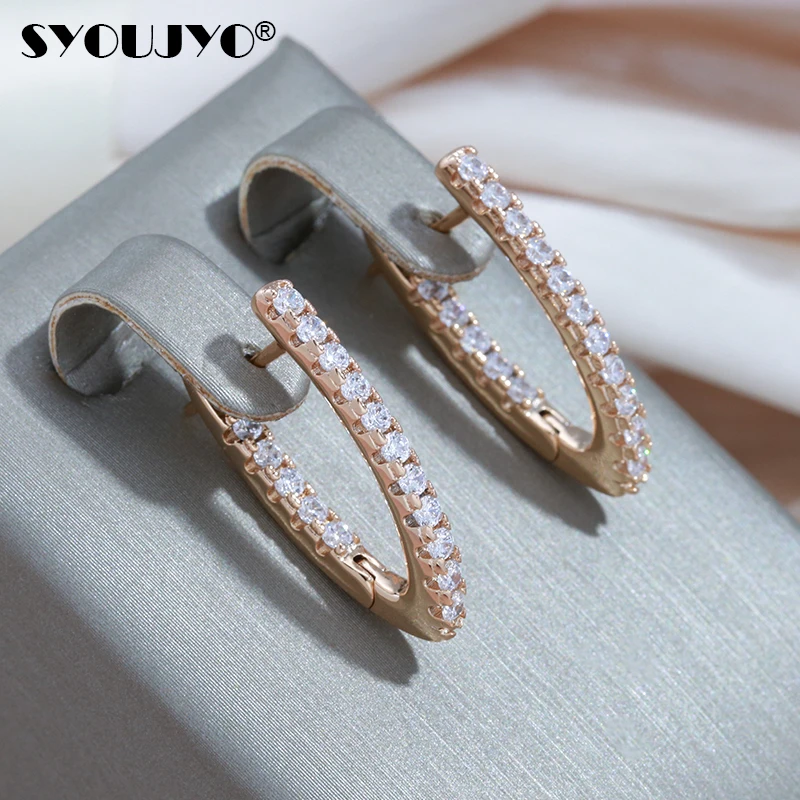 SYOUJYO 585 Gold Color Vintage V Shape Women's Earring Natural Zircon Setting Luxury Trendy Long Earring Bride Wedding Jewelry