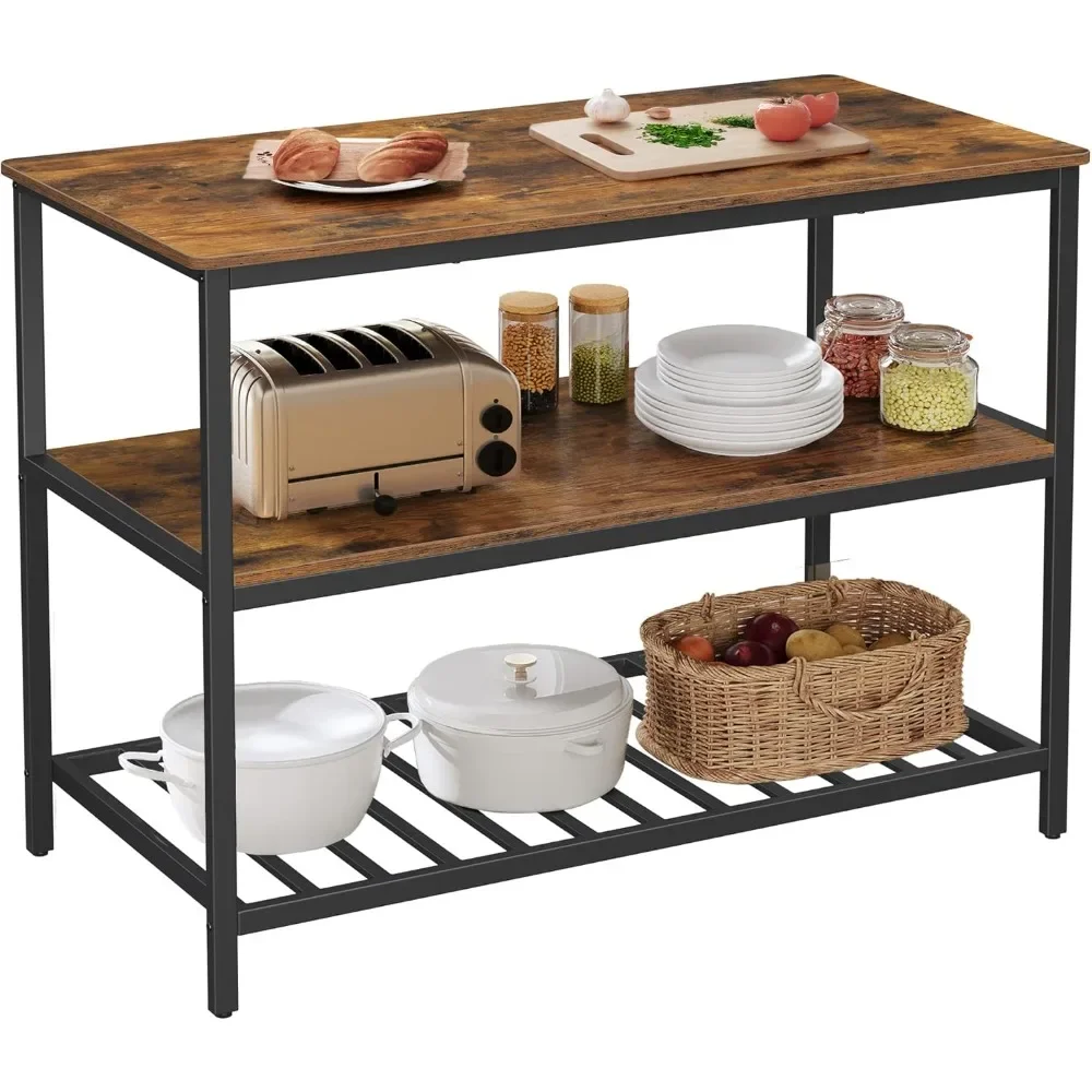 

Kitchen island with 3 shelves, 47.2" wide Kitchen shelf, stable steel construction, rustic brown and black