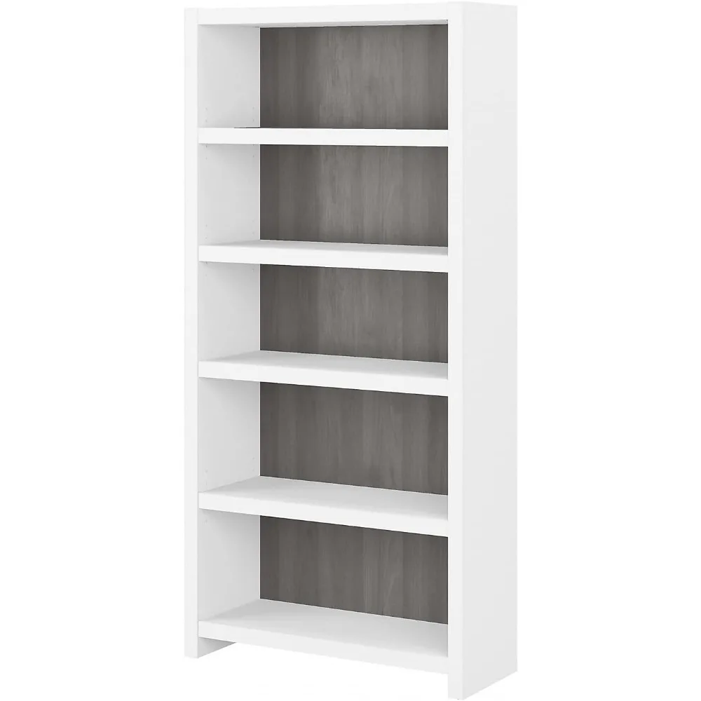 Free shipping - 5 Shelf Bookcase in Pure White and Modern Gray, Tall Bookshelf for Home Office or Living Room - High quality