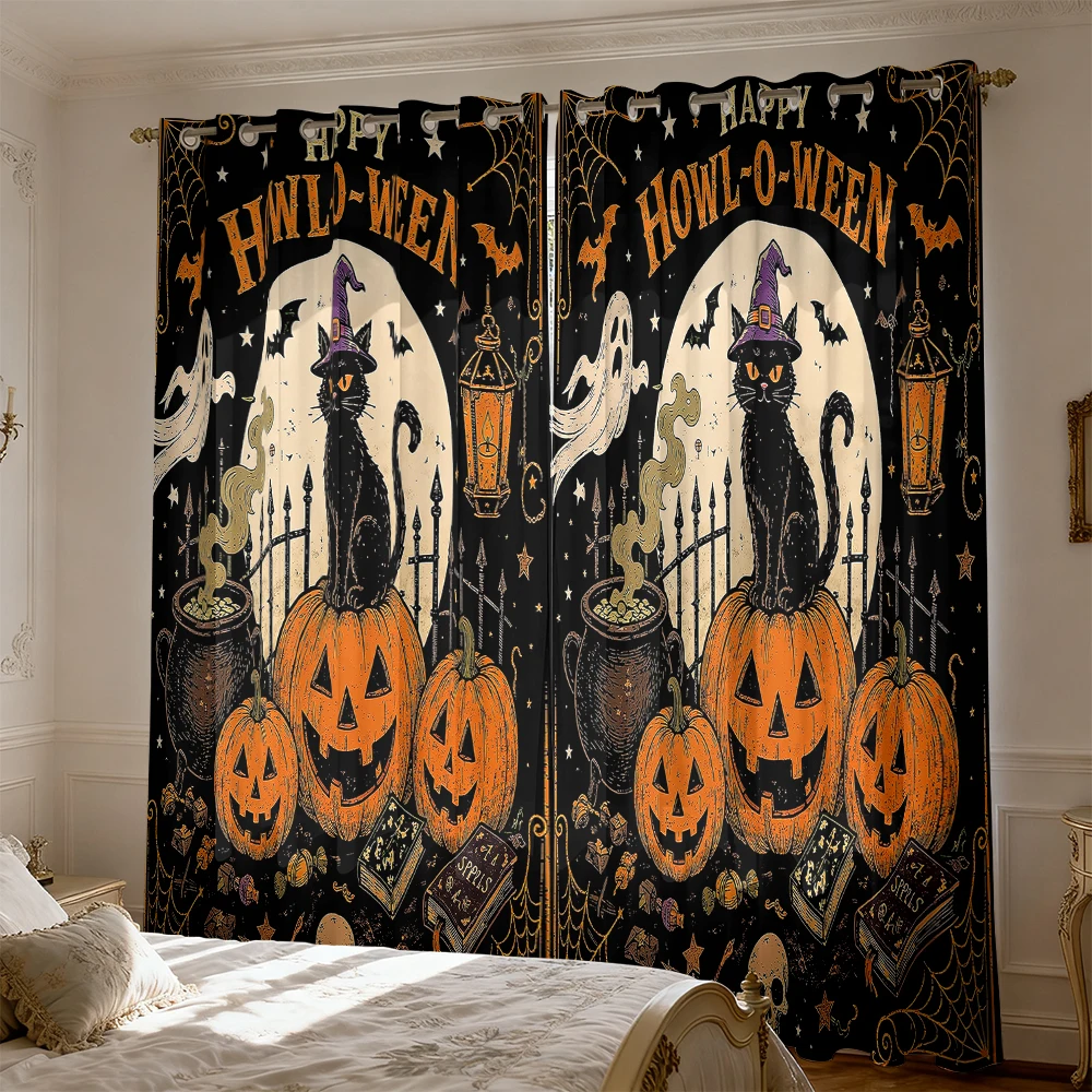 2pcs 90-gram polyester door curtains includes black cats pumpkins ghosts perfect Halloween home decoration