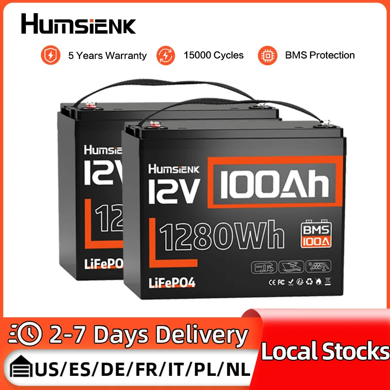 

Литиевая батарея Humsienk LiFePO4, 12 В, 100 Ач, встроенная батарея BMS, 100 А, перезаряжаемая для автофургонов/фургонов/гольф-каров/морского хозяйства/кемпинга/самосеты