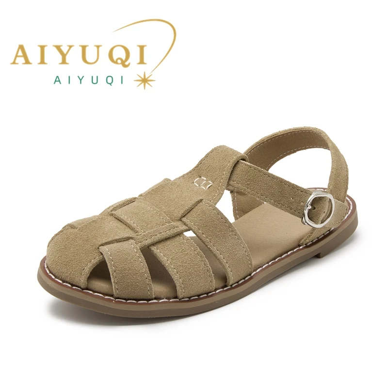 AIYUQI Flat-soled Retro Genuine Leather Hollow Baotou Sandals Women\'s 2024 New Hollow Pig Cage Women\'s Sandals