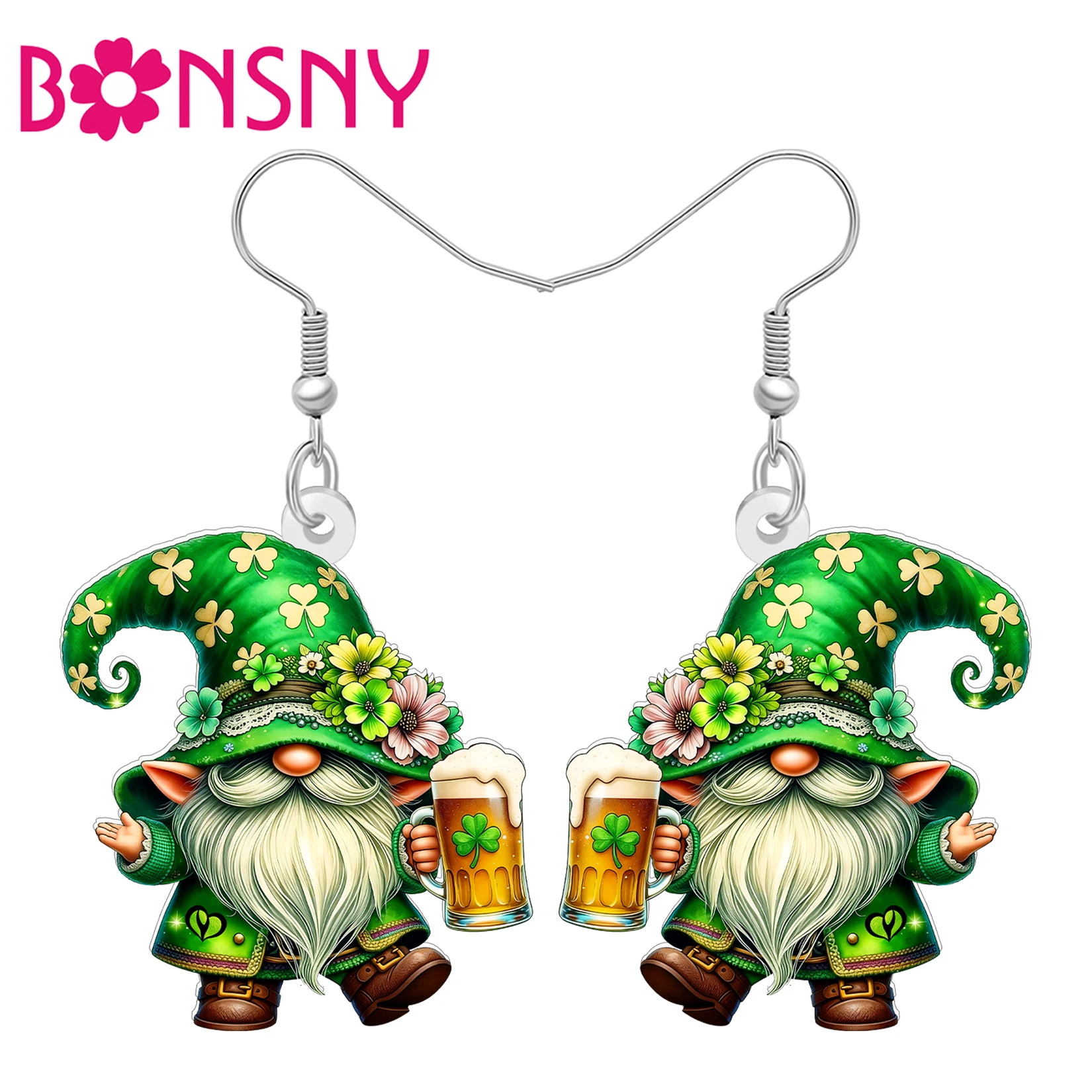 BONSNY Acrylic St Patricks Day Gnomes Earrings Green Shamrock Hat Beer Leprechaun Irish Holiday Jewelry Gifts For Women Drinkers