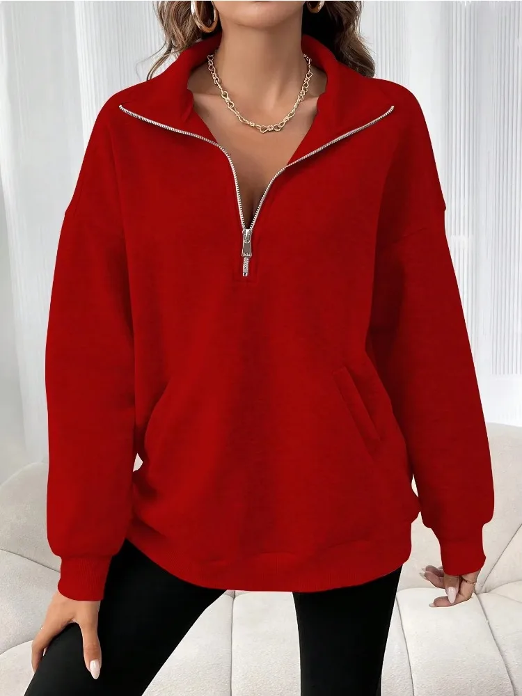 2026 Casual Loose Women's Half-Zip Sweatshirt Solid Color Hoodies Zip Up Autumn Winter Long Sleeve Casual Simple Streetwear Tops