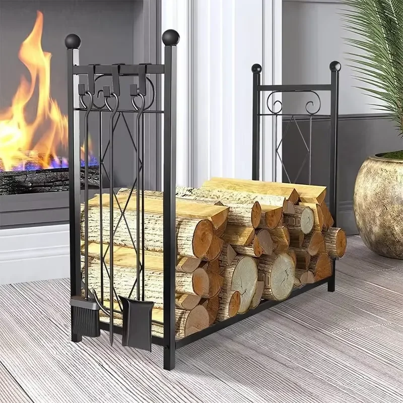 European Artistic Black Wrought Iron Floor Standing Log Storage Rack Outdoor Tool Firewood Display Stand Household and Patio