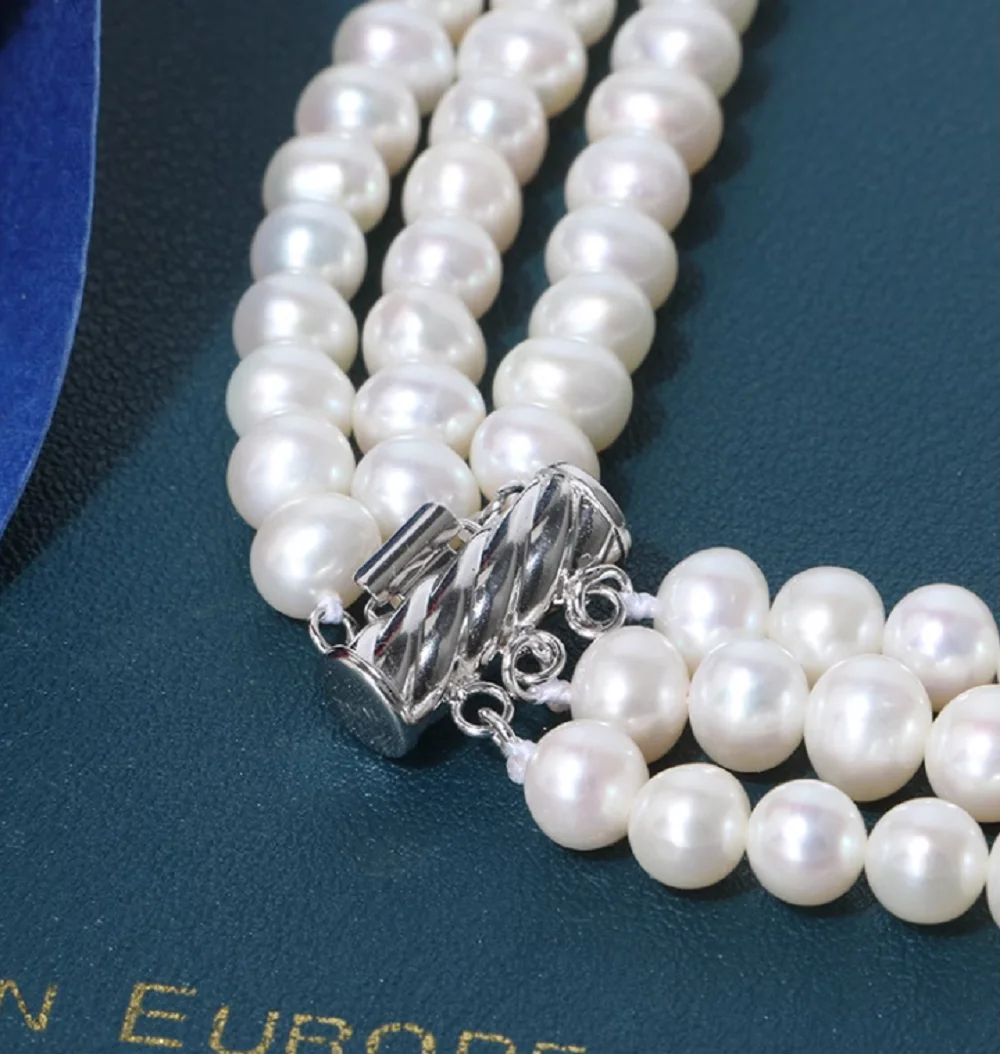3 rows/necklace AAAA7-8mm natural Japanese round pearl necklace 14k white gold/16-17-18in/18-19-20in