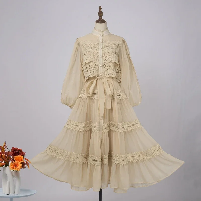 

Elegant Hollow Out Women's Long Dresses Lantern Sleeves Lace Up Pearl Single Breasted Dress 2025 Spring Summer Female Solid Robe