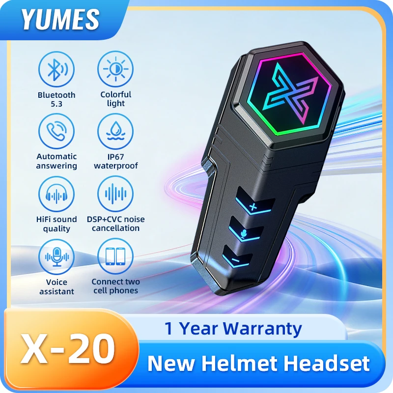 X20 Motorcycle Helmet Bluetooth Headset, Bluetooth 5.3 Stereo with LED Light, Outdoor Dustproof Waterproof for Moto