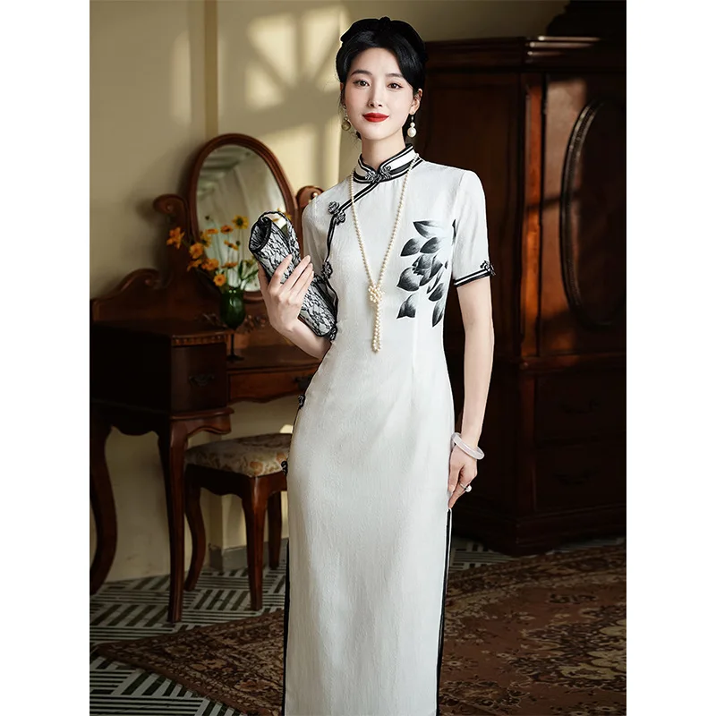 

Yourqipao Retro White Chinese Traditional Cheongsam Long Style Elegant Women Formal Evening Dresses Old Shanghai Hanfu Skirt