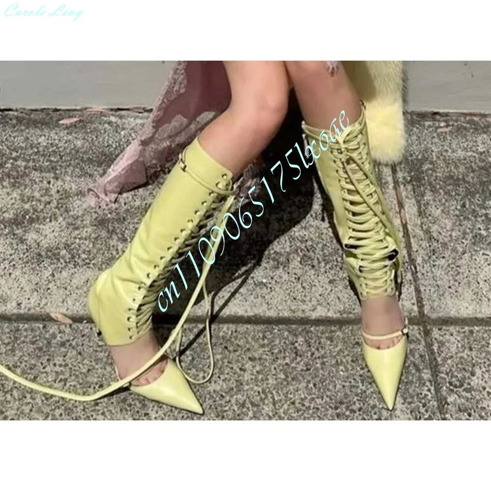 Green Sexy Lace-Up Cutout Mid Calf Boots Women Pointed Toe Stiletto High Heel Hollow Roman Summer Sandal Boots 2026 Para Mujere