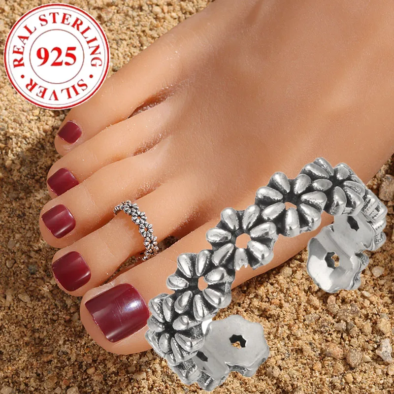 S925 Sterling Silver Vintage Aged Daisy Flower Women's Open Beach Toe Ring Hypoallergenic Suitable for Vacation