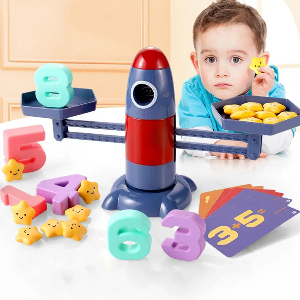 Kids Scale Toy Counting Scale Toy Rocket Scale Toy with 19 Star Weights for Math Counting Number Learning Parent-child Toddler