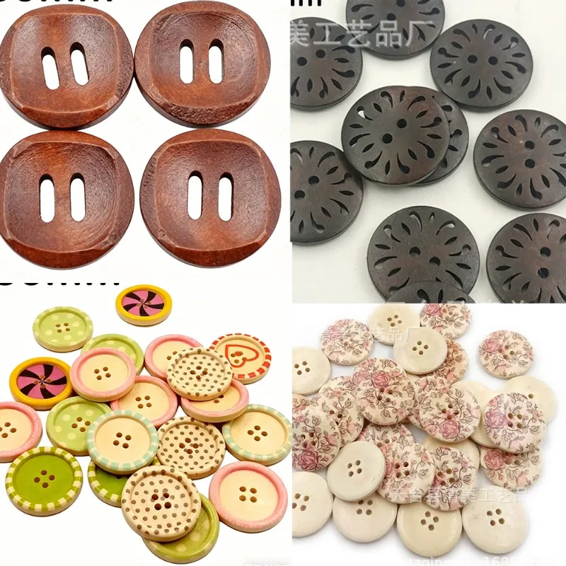 

100 шт. 30-миллиметровых деревянных круглых пуговиц с геометрическим узором и двумя отверстиями для рукоделия, шитья и декора одежды