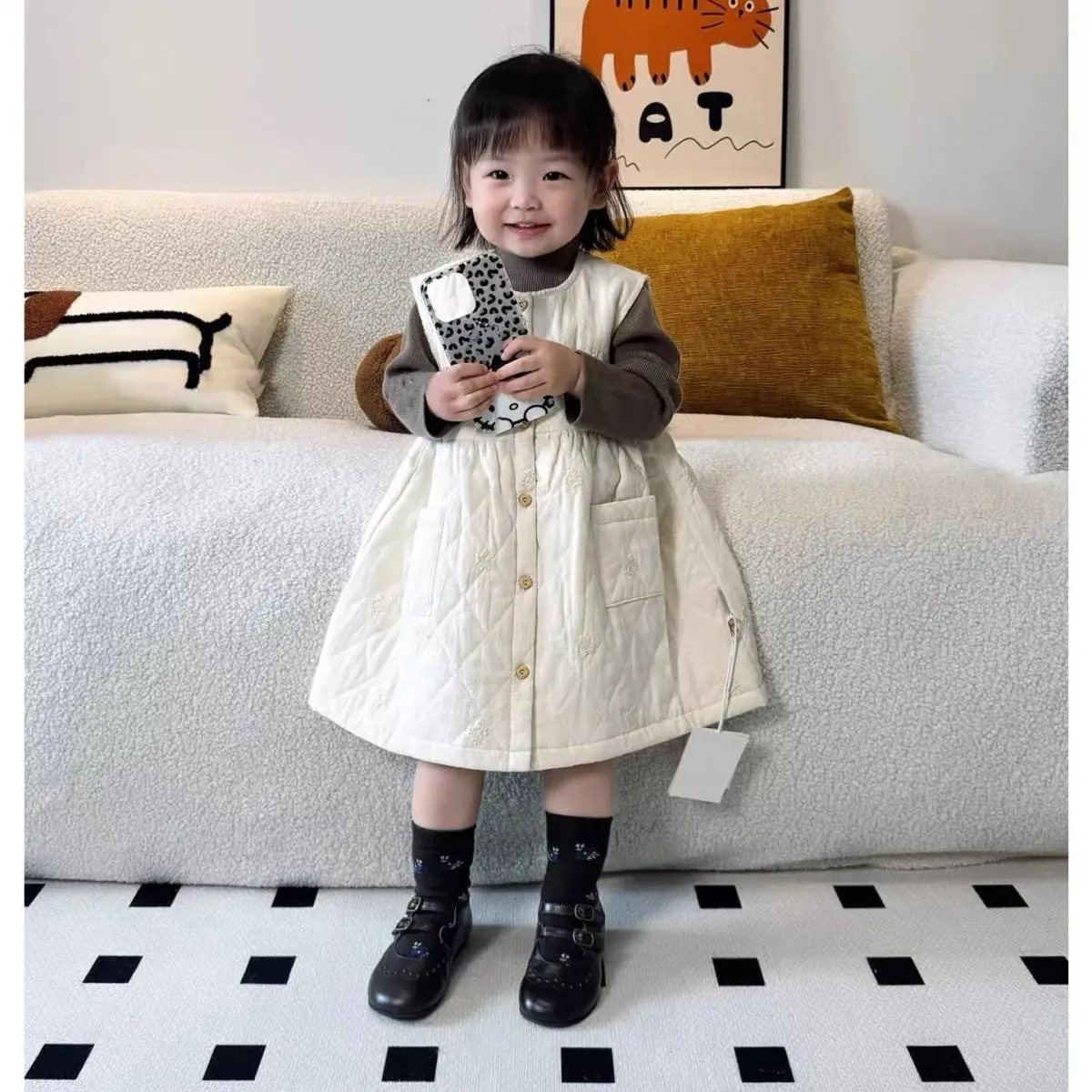 

Korean Style Kids Girls Cute Cotton Padded Sleeveless Dress 2025 New Autumn Baby White Dress for 1-9Y