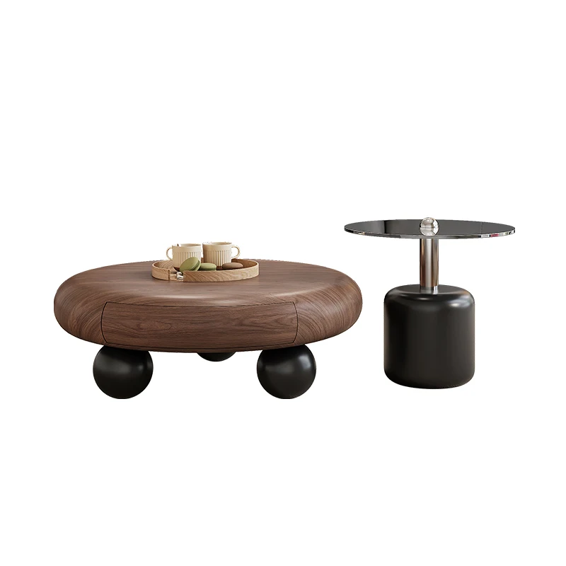 

Walnut veneer coffee table household living room high-end light luxury storage size round edge table combination
