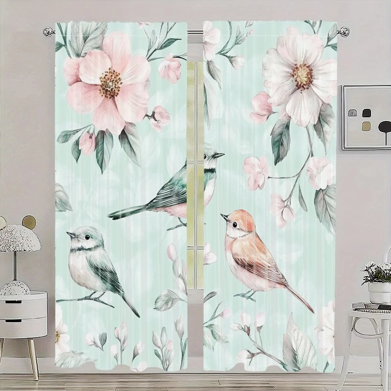 2pcs Mint green curtains with a birdsong and floral pattern, made of polyester fabric, suitable for bedrooms, offices, kitchens.