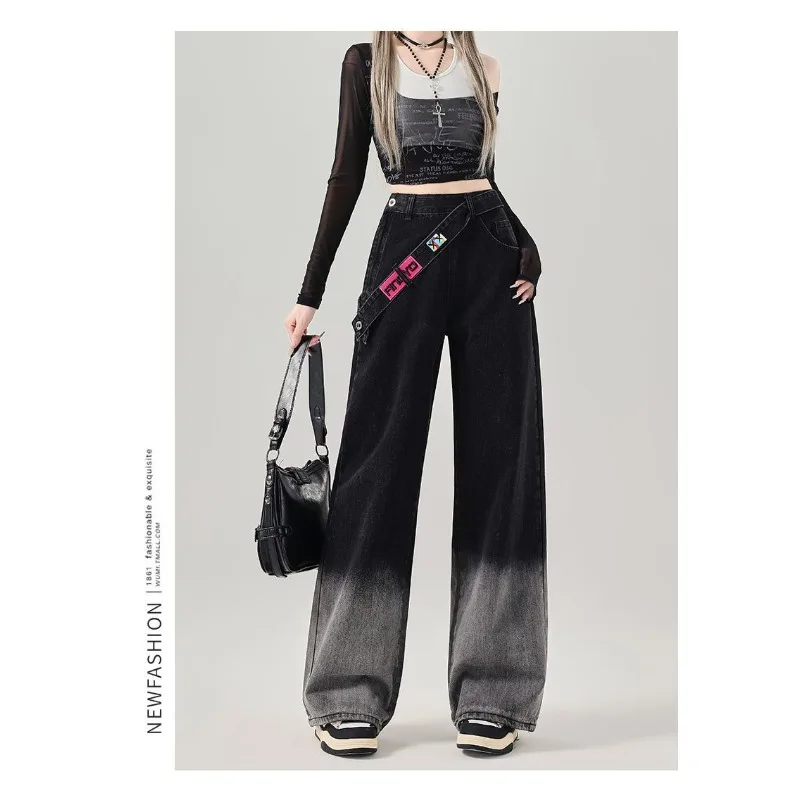 신상 여성 그라데이션 컬러 청바지 사이드 지퍼 가을 겨울 와이드 레그 팬츠 여성 레트로 하이웨이스트 데님 스트레이트 팬츠