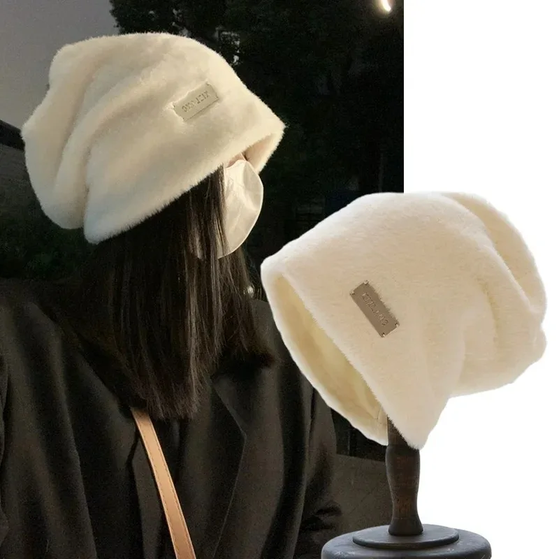 Winter Plush Beanies Hat for Women Winter Warm Solid Baggy Fleece Wool Skullies Hat Outdoor Coldproof Thicken Caps Female Gorros