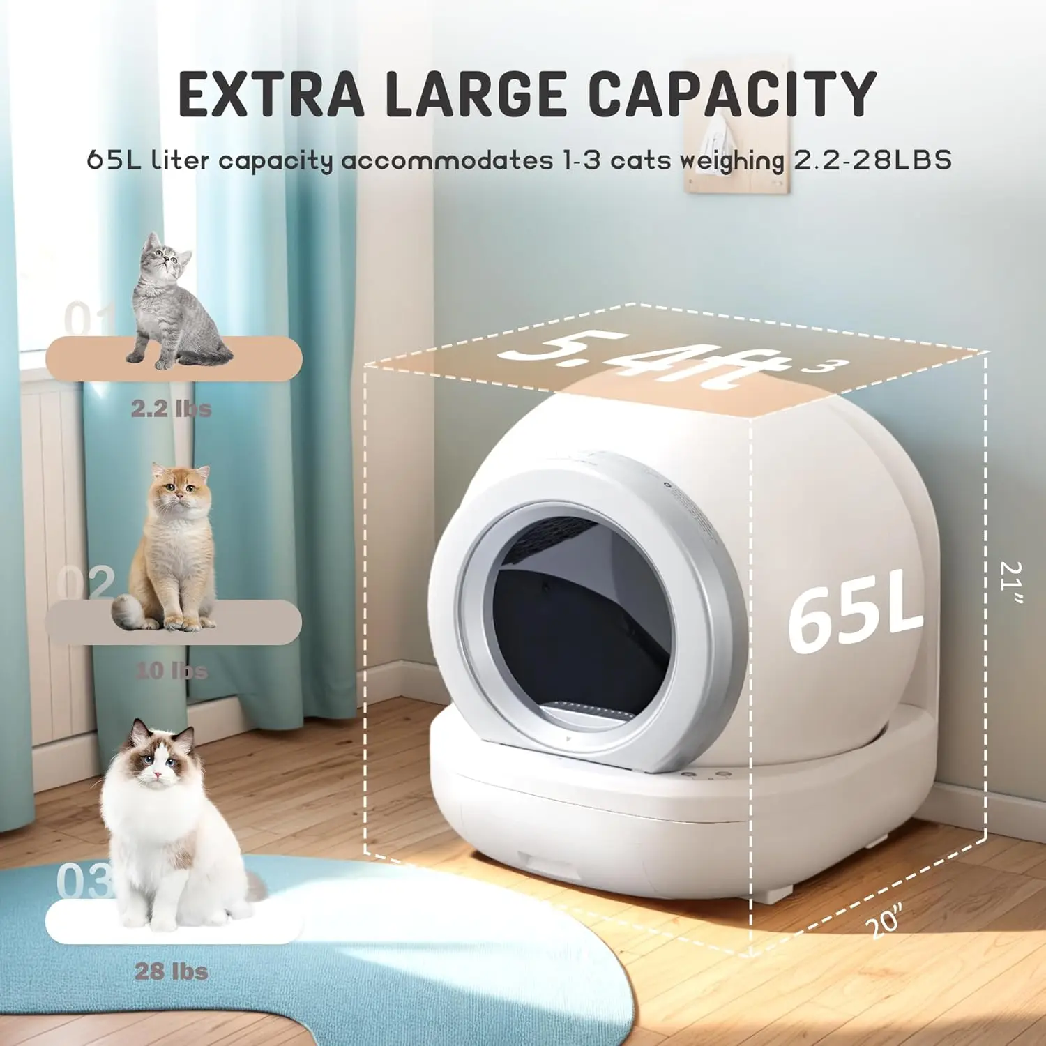 Self Cleaning Litter Box, Automatic Cat Litter Box Self Cleaning Supporting 2.4GHz Wi-Fi for Multiple Cats, APP Control/Safe/Low