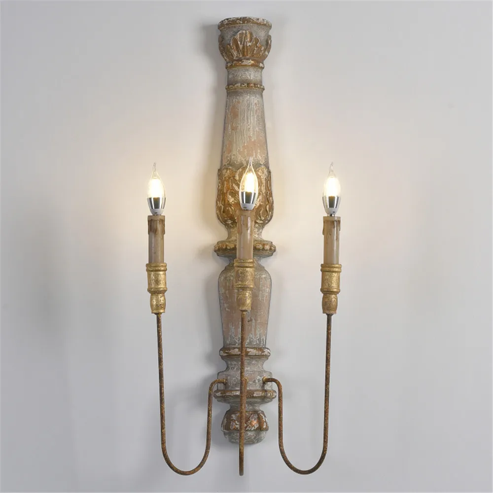 

American Rural Retro Wall Lights Solid Wood Hardware bedroom bedside Lamp Villa Corridor Living room Antique Mirror Wall Lamp