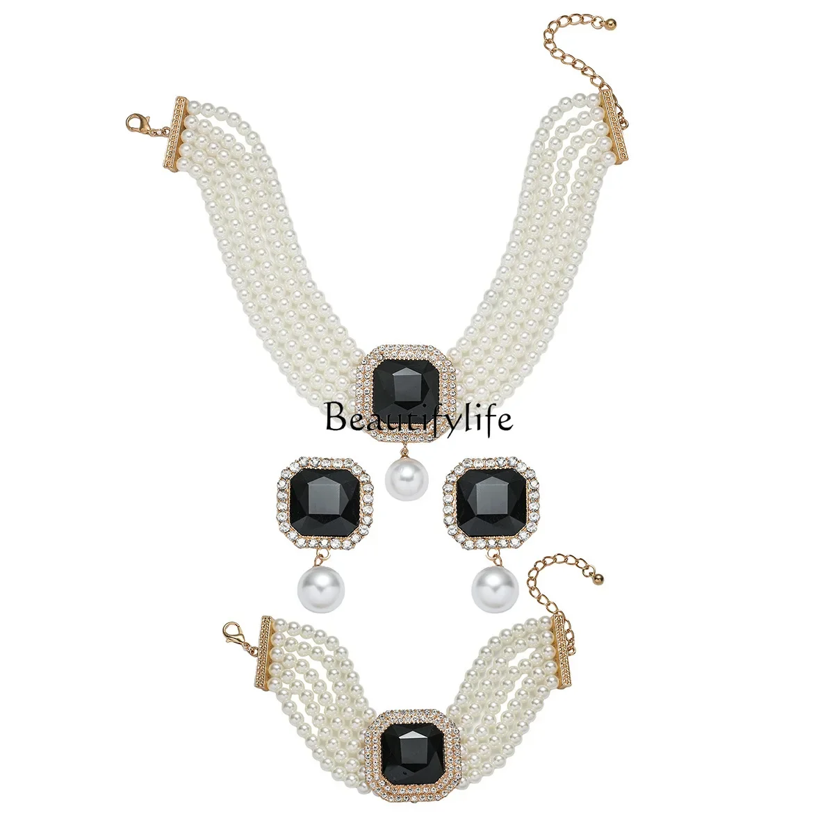 

European and American luxury multi-layer imitation pearl geometric crystal chain earrings bracelet three-piece set