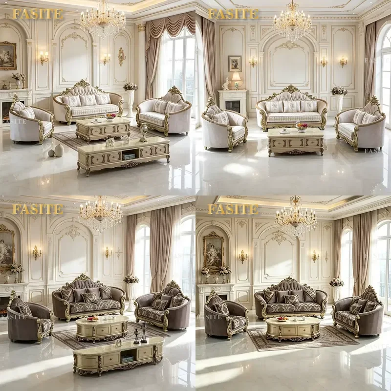For European Classic Royal Sofa Set Luxury Living Room Furniture 1 2 3 Seater Large Home Decor Solid Wood Fabric Sectional