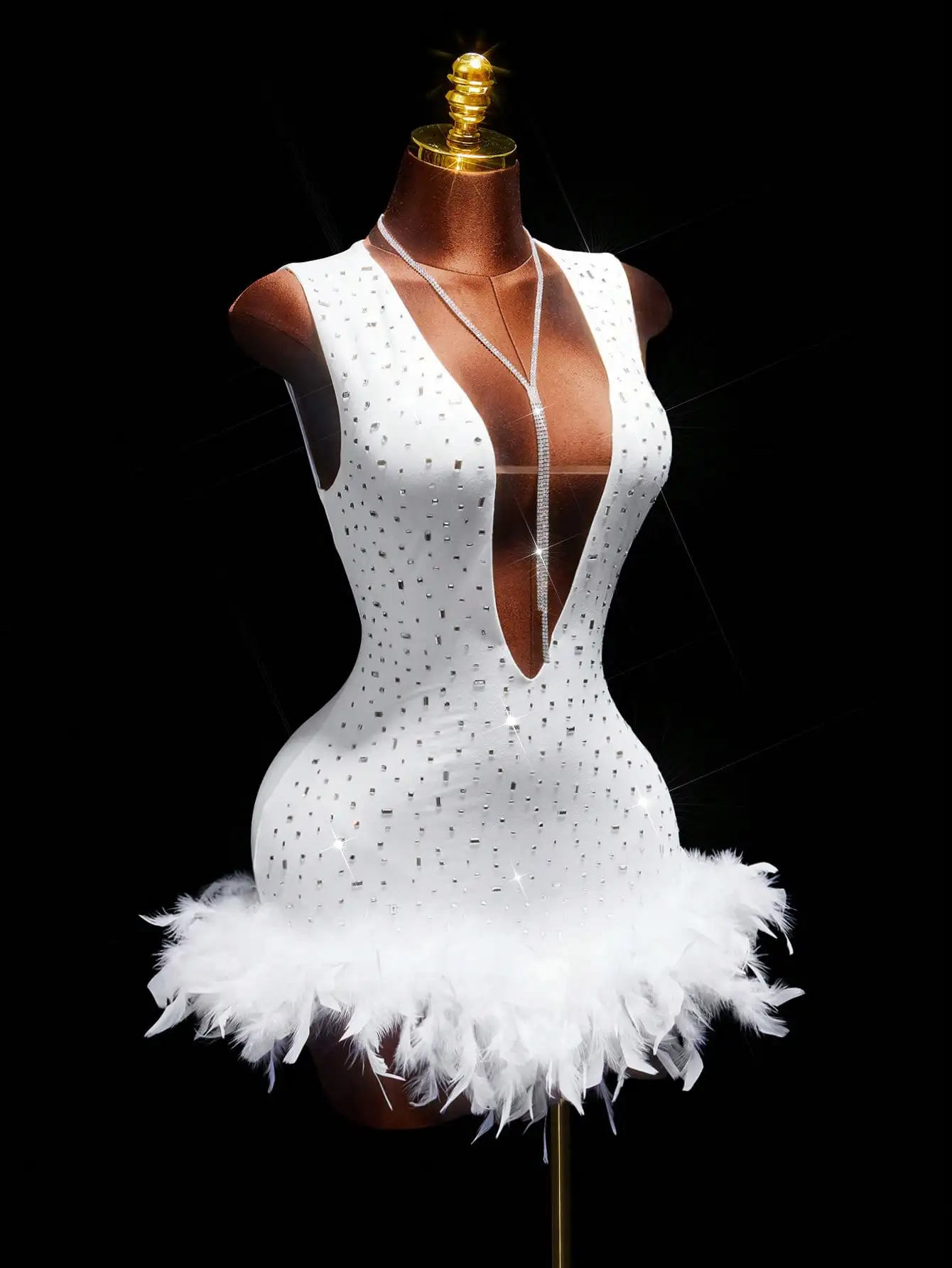 

Sparkly White Deep V-Neck Sleeveless Rhinestone Feather Mini Dress for Parties