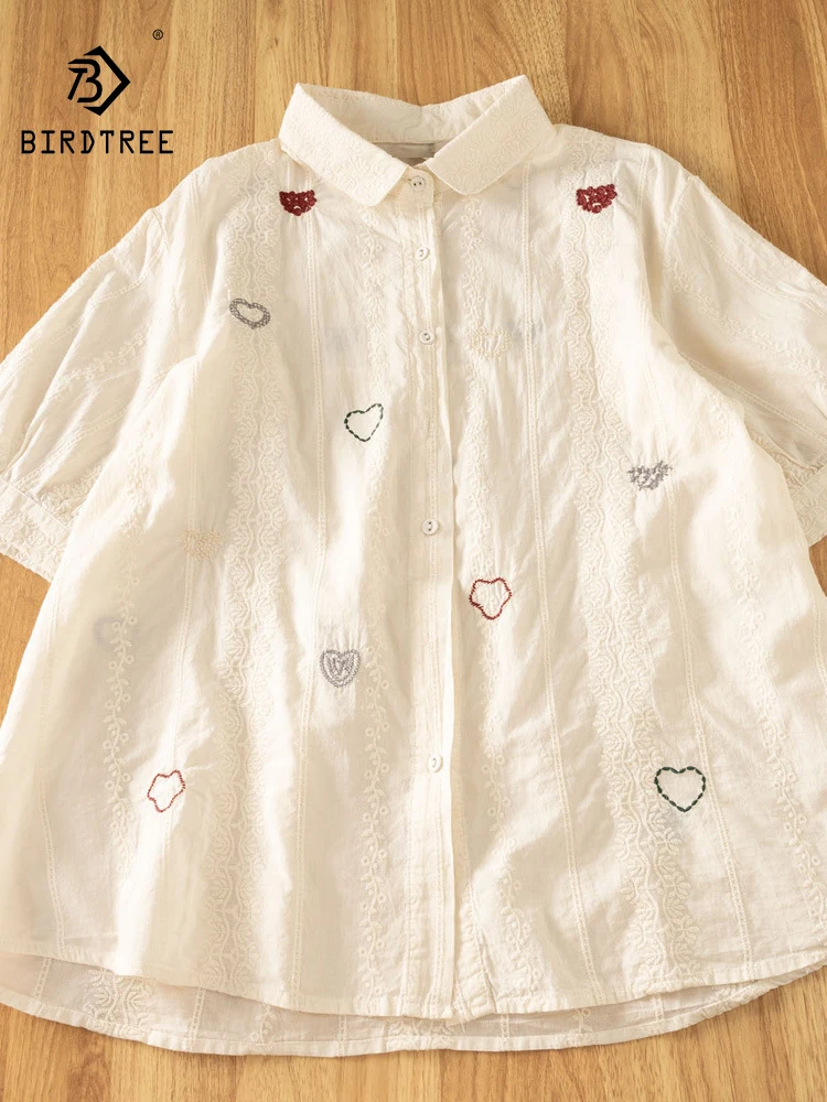 

New 2025 Summer Cotton Short Sleeve Shirt, Women Turn-down Collar Embroidery, Mori Girl Japan Style Loose Doll Blouse T56486CC