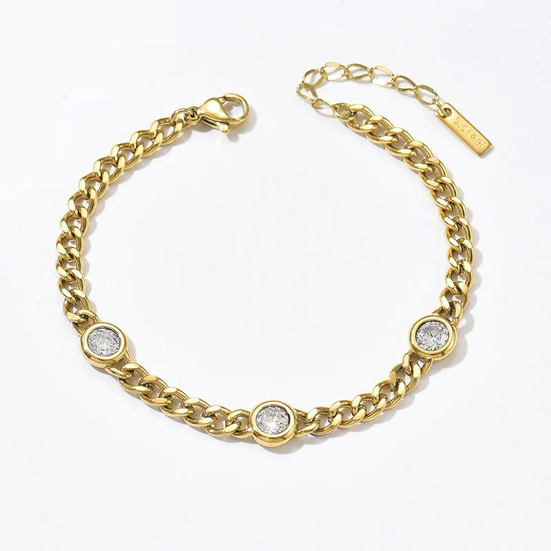 

Apexelle Classic Jewelry Stainless Steel Bracelet Cuban Link Round Zircon Bezel Set Bracelet Versatile Jewelry